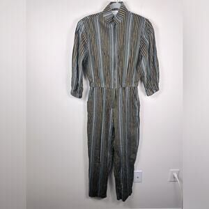 BURU Jumpsuit Women Small Black Good Metallic Striped Cinch Waist Disco‎ Zipper